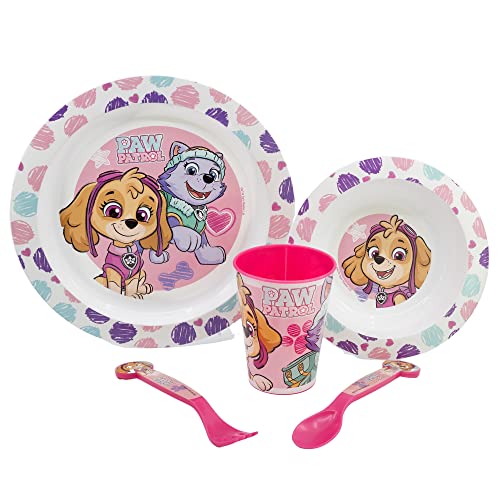 5-TEILIGES KINDERGESCHIRRSET. TELLER, SCHÜSSEL, 260ML GLAS UND BESTECK. BPA-FREI UND MIKROWELLENGEEIGNET. | PAW PATROL GIRL SKETCH ESSENCE, Rosa von Stor