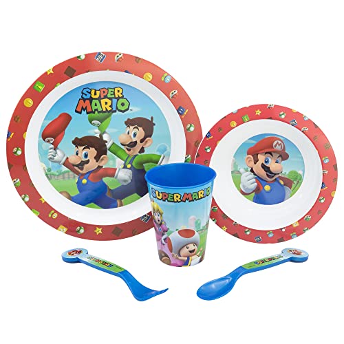 5-TEILIGES KINDERGESCHIRRSET. TELLER, SCHÜSSEL, 260ML GLAS UND BESTECK. BPA-FREI UND MIKROWELLENGEEIGNET. | SUPER MARIO, Gelb von Stor