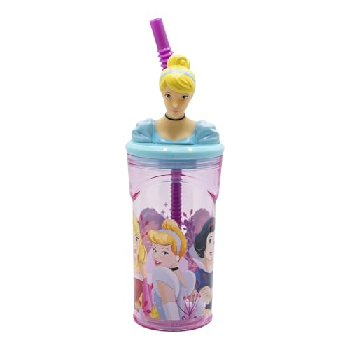 Stor Disney Wiederverwendbarer Kinderbecher mit Strohhalm und Deckel mit 3D-Figur und Fassungsvermögen von 360 ml, Prinzessinnen von Stor