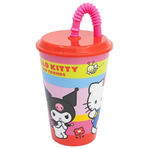 Stor Hello Kitty and Fiends Wiederverwendbarer Kinderbecher mit Deckel und Strohhalm, 430 ml von Stor