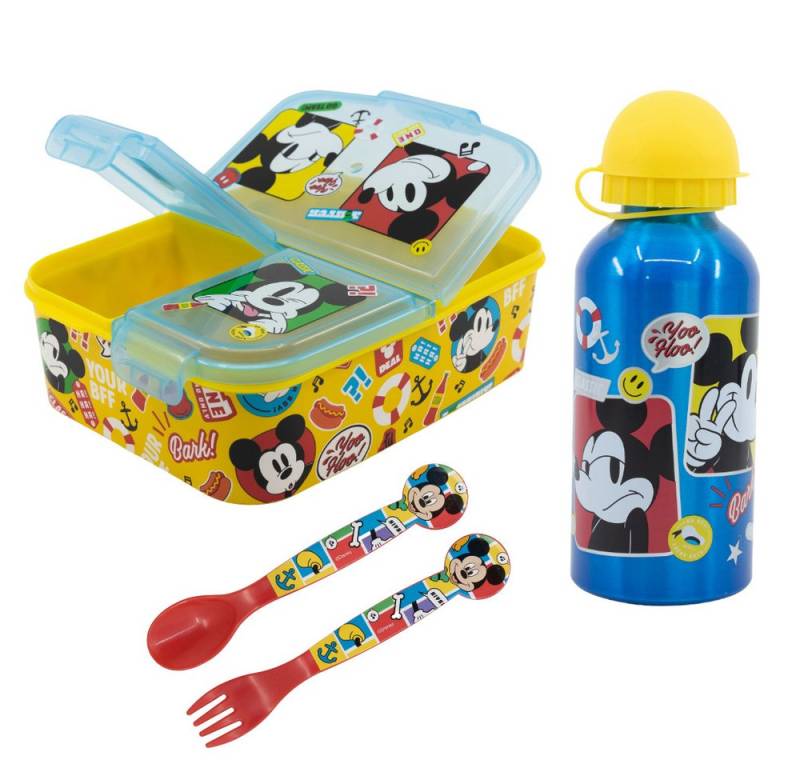 Stor Lunchbox Disney Mickey Maus 4 tlg Kinder Lunch Set, Kunststoff Aluminium, (4-tlg), Brotdose Alu-Trinkflasche Besteck von Stor