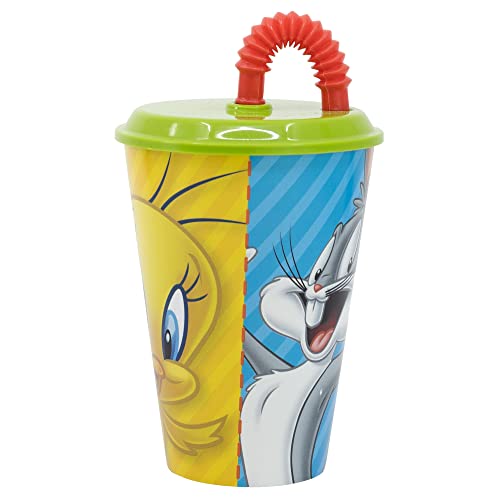 Stor WIEDERVERWENDBARER KINDERBECHER MIT STROHHALM AUS BPA-FREIEM KUNSTSTOFF 430 ML | LOONEY TUNES HEROES von Stor
