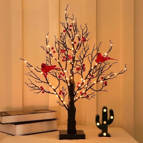 Vintage Glühender Baum Mit Redbirds Bäumen Kleinen Roten Vogelbäumen Licht Weihnachten Beeren Für Tischplatten Herzstück Weihnachtsdekorationen Urlaub Party Vintage Glühen von Storage Bag