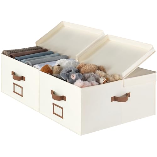 StorageWorks extra großer Aufbewahrungskorb mit Deckel, 55‑Liter-weiße Stoffbox mit Deckel, faltbare Schrank Aufbewahrungsboxen mit doppelt offenem Deckel und Trennbrett, Elfenbeinweiß, 2 Stück von StorageWorks