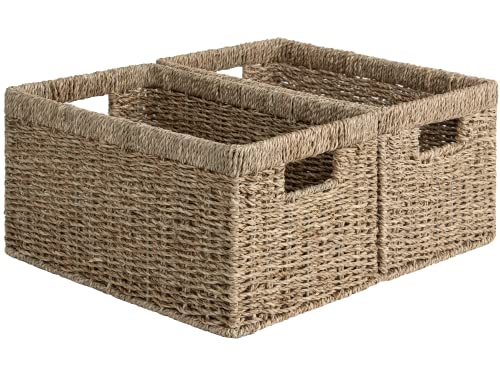 StorageWorks Aufbewahrungskörbe aus Seegras, rechteckige Weidenkörbe Korb für Regal, modern geflochtener Korb aus Seegras, Aufbewahrungsbox geflochten mit Doppelgriff für Geschenke, groß, 2er-Pack von StorageWorks