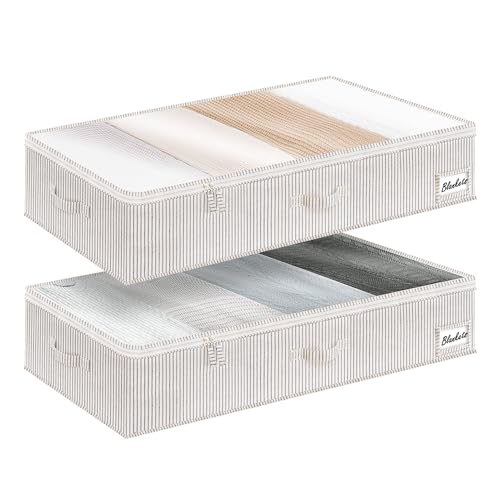 StorageWorks Unterbett Aufbewahrung, große Aufbewahrungsbox unter Bett stabil mit klarem Fenster, faltbare Unterbettkommode für Kleidung, Decken und Schuhe, grau-weiß gestreift, 2 Stück von StorageWorks
