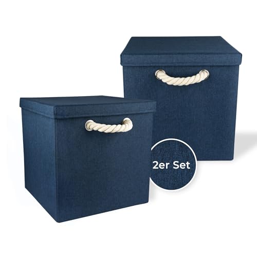 Storanda | 2er Set Aufbewahrungsbox mit Deckel | Kordel Griffband | Stabile & Faltbare Boxen | Regalboxen für Würfelregal Kallax | Ideal für Zuhause & Kinderzimmer | 30x30x30 cm | Dunkelblau von Storanda