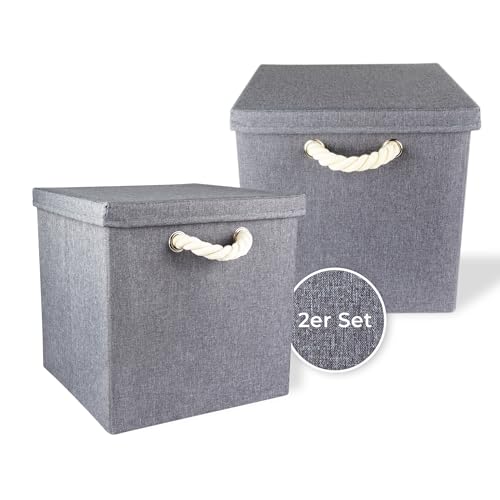 Storanda | 2er Set Aufbewahrungsbox mit Deckel | Kordel Griffband | Stabile & Faltbare Boxen | Regalboxen für Würfelregal Kallax | Ideal für Zuhause & Kinderzimmer | 30x30x30 cm | Grau von Storanda