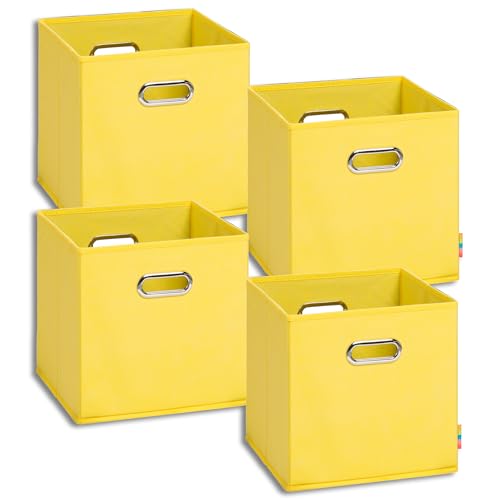 Storanda | 4er Set Aufbewahrungsbox 28x28x28 cm | Beiseitig Breite Griffe | Stabil & Faltbar | Regalbox für Würfelregal | Gelb von Storanda