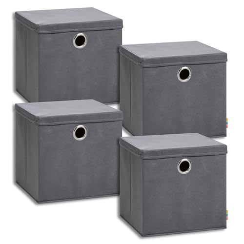 Storanda | 4er Set Aufbewahrungsbox 34x34x33 cm mit Deckel | Extra Große Griffe | Stabil & Faltbar | Regalbox für Würfelregal | Ideal für Zuhause & Kinderzimmer | Anthrazit von Storanda