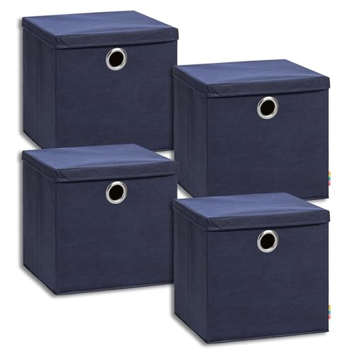 Storanda | 4er Set Aufbewahrungsbox 34x34x33 cm mit Deckel | Extra Große Griffe | Stabil & Faltbar | Regalbox für Würfelregal | Ideal für Zuhause & Kinderzimmer | Dunkelblau von Storanda