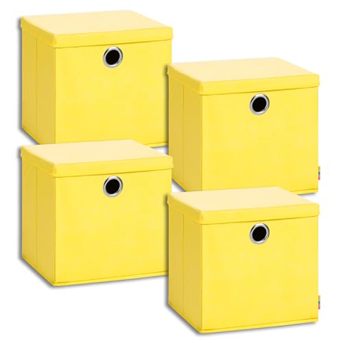 Storanda | 4er Set Aufbewahrungsbox 34x34x33 cm mit Deckel | Extra Große Griffe | Stabil & Faltbar | Regalbox für Würfelregal | Ideal für Zuhause & Kinderzimmer | Gelb von Storanda
