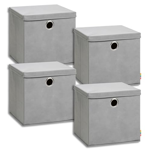 Storanda | 4er Set Aufbewahrungsbox 34x34x33 cm mit Deckel | Extra Große Griffe | Stabil & Faltbar | Regalbox für Würfelregal | Ideal für Zuhause & Kinderzimmer | Grau von Storanda