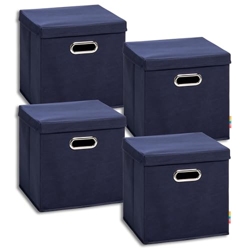 Storanda | 4er Set Aufbewahrungsbox mit Deckel 28x28x28 cm | Beiseitig Breite Griffe | Stabil & Faltbar | Regalbox für Würfelregal | Dunkelblau von Storanda