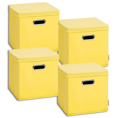 Storanda | 4er Set Aufbewahrungsbox mit Deckel 28x28x28 cm | Beiseitig Breite Griffe | Stabil & Faltbar | Regalbox für Würfelregal | Gelb von Storanda