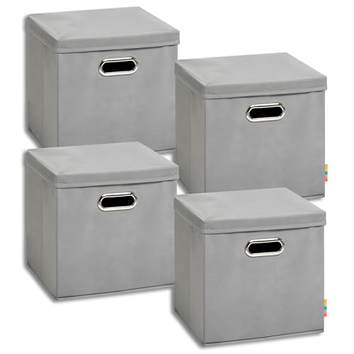 Storanda | 4er Set Aufbewahrungsbox mit Deckel 28x28x28 cm | Beiseitig Breite Griffe | Stabil & Faltbar | Regalbox für Würfelregal | Grau von Storanda