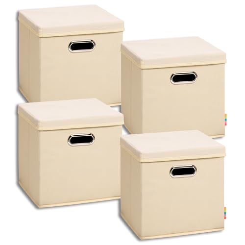 Storanda | 4er Set Aufbewahrungsbox mit Deckel 28x28x28 cm | Beiseitig Breite Griffe | Stabil & Faltbar | Regalbox für Würfelregal | Natur von Storanda