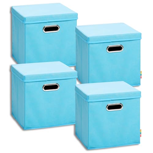 Storanda | 4er Set Aufbewahrungsbox mit Deckel 28x28x28 cm | Beiseitig Breite Griffe | Stabil & Faltbar | Regalbox für Würfelregal | Türkis von Storanda