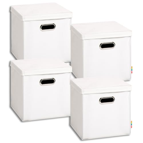 Storanda | 4er Set Aufbewahrungsbox mit Deckel 28x28x28 cm | Beiseitig Breite Griffe | Stabil & Faltbar | Regalbox für Würfelregal | Weiß von Storanda