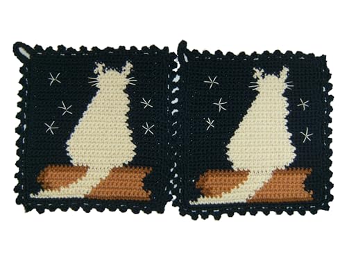1 Paar Topflappen Katze auf Buch, gehäkelt Handarbeit 1 Paar Topflappen Katze auf Buch, gehäkelt Handarbeit von Storchenlädchen