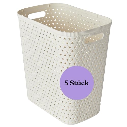 Store & Order Stapelbarer mittelgroßer Aufbewahrungskorb x5, dekorative Kunststoffbox, Boxen für das ganze Haus, Spielzeugaufbewahrung oder Organisationskörbe für Küche oder Bad, Weiß Rattan 14L von Store & Order