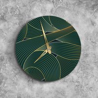 Grün Mit Gold Uhr, Wave Wanduhr, Blätter Natur Große Wanduhr Unikat, Übergroße Moderne Uhr von StoreWoodUA
