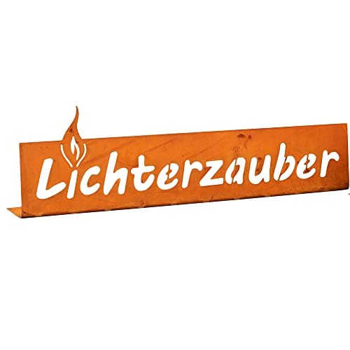 Dekoschild - Schriftzug Lichterzauber für Kerzen mit Flamme in Rostoptik 34cm von Storm's Gartenzaubereien