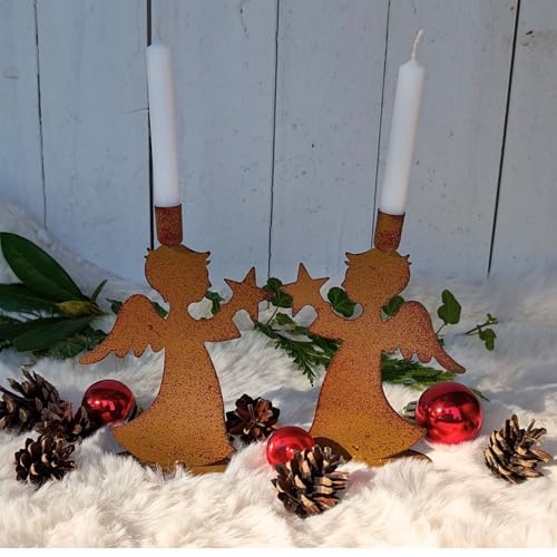 Kerzenständer Set 2 Engel mit Stern zum Stellen als Weihnachtsdeko 15cm groß in braun lackiert von Storm's Gartenzaubereien