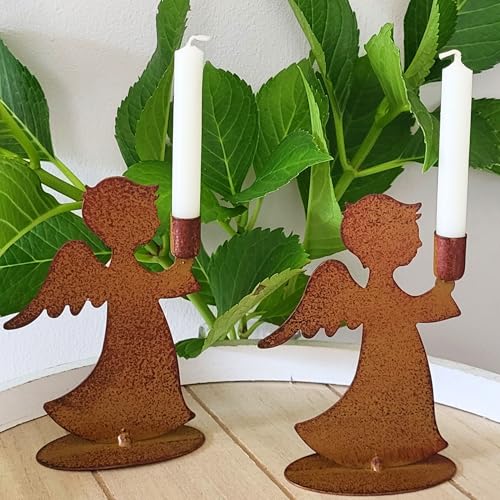 Kerzenständer Set 2er mit Rost Engel mit zum Stellen als Weihnachtsdeko 13cm hoch von Storm's Gartenzaubereien