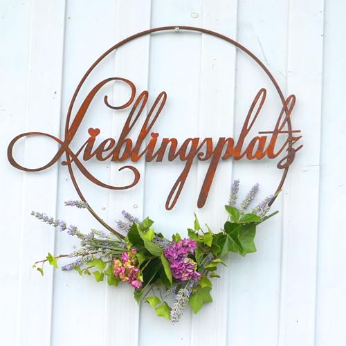 Rostschild Lieblingsplatz im Ring Türkranz Metall in Rostoptik - 52cm x 40cm zum Hängen von Storm's Gartenzaubereien