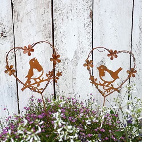 Storm's Gartenzaubereien Gartenstecker Dekoherz zum Stecken in Rostoptik 2 Modelle - 9,5cm x 16cm mit Blumen und Vogel von Storm's Gartenzaubereien
