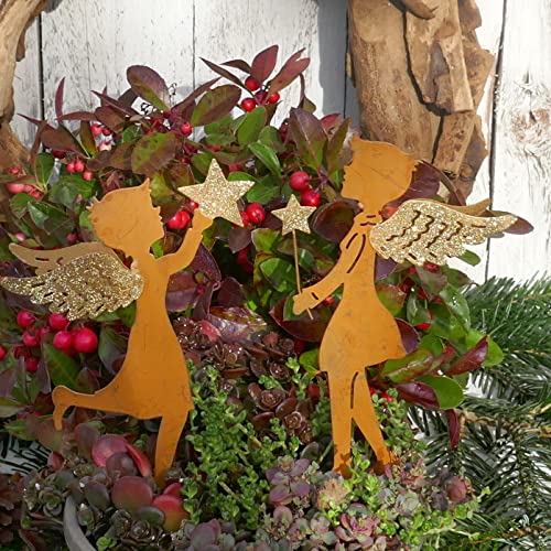 Storm's Gartenzaubereien Gartenstecker Engel Figur 2er Set zum Stecken mit Stern in Rostoptik - Gold 20cm von Storm's Gartenzaubereien