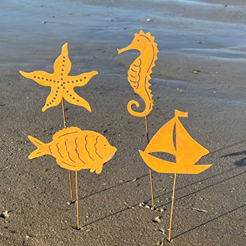 Storm's Gartenzaubereien Gartenstecker Maritime Deko 4 Modelle Seestern Schiff - Seepferdchen - Fisch in Rostoptik - 35cm Topfstecker von Storm's Gartenzaubereien