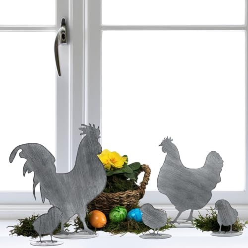 Storm's Gartenzaubereien Hühnerfamilie aus Metall - Shabby Grau Lackiert - 5-teilige Tisch Deko zum Stellen von Storm's Gartenzaubereien