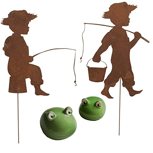 Storm's Gartenzaubereien Teichdeko 2 x Schwimmfrosch und 2 x Angler in Rostoptik zum Stecken von Storm's Gartenzaubereien