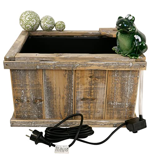 Storm's Gartenzaubereien Miniteich Set - Holzkiste mit Aufsatz Teich Becken für Wasserspeier Frosch mit Pumpe und Schwimmkugeln von Storm's Gartenzaubereien