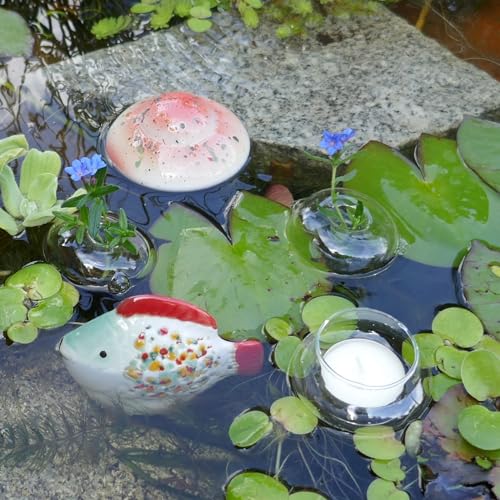 Storm's Gartenzaubereien Miniteich Set Schwimmlinse und Schwimmfisch in grün mit Blütenringen und Teelichtschale von Storm's Gartenzaubereien