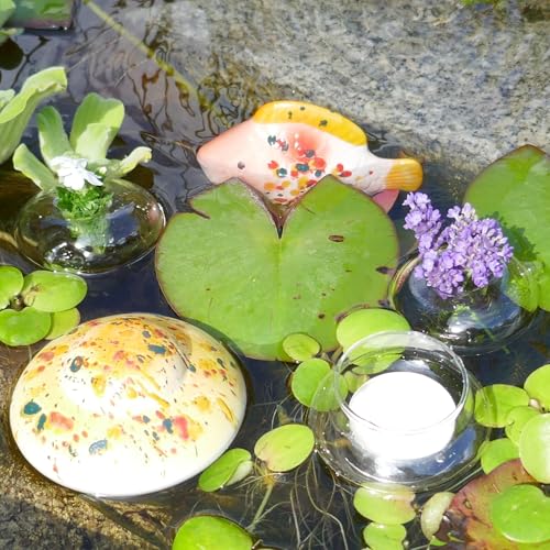 Storm's Gartenzaubereien Miniteich Set Schwimmlinse und Schwimmfisch in gelb mit Blütenringen und Teelichtschale von Storm's Gartenzaubereien