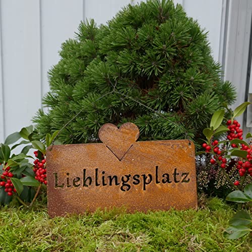 Rostschild Lieblingsplatz mit Herz in Rostoptik - 25cm x 16cm und Drahtaufhängung Spruchschild Gartendeko Metalltafel von Storm's Gartenzaubereien