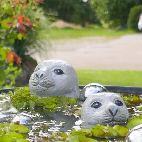 Storm's Gartenzaubereien Seehundkopf - Robbe - Heuler 2er Set 6,5 und 10cm hoch für die Teich oder Miniteich Deko aus Keramik von Storm's Gartenzaubereien
