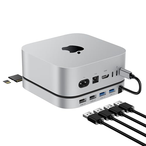 Stouchi Mac mini M4 Hub & Ständer mit M.2 NVMe/SATA SSD Gehäuse, kompatibel mit Mac mini M4/M4 Pro (2024), Aluminium 2× USB 3.1 (10 Gbit/s), 2× USB 2.0, Micro/SD & TF Kartenleser (104 MB/s)-Silber von Stouchi