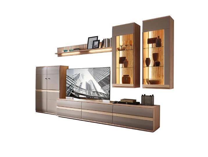 Stralsunder Binz Wohnwand EB34502 mit zwei Hängeschränken einem Highboard einem Wandboard und einem Lowboard Ausführung Naturbuche Dekor mit Grau matt von Stralsunder-Möbelwerke