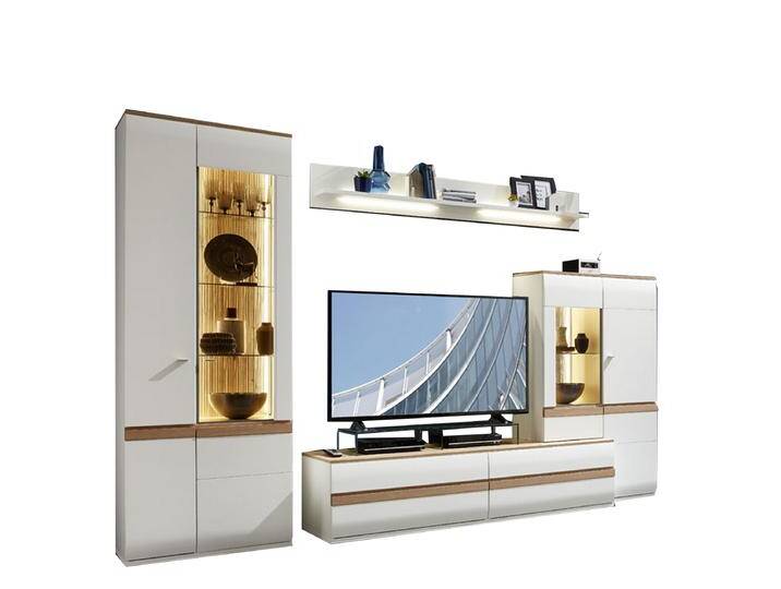 Stralsunder Binz Wohnwand mit einer Säule einem Highboard einem Wandboard und einem Lowboard Korpus und Front Tonweiß matt mit Absetzungen in Alteiche Stralsunder Binz Wohnwand mit einer Säule einem Highboard einem Wandboard und einem Lowboard Korpus und Front Tonweiß matt mit Absetzungen in Alteiche von Stralsunder-Möbelwerke