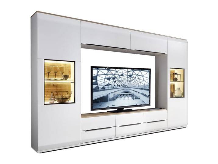 Stralsunder Breege Wohnwand Kombination EB30020 bestehend aus Lowboards sowie Hängeschränken und Vitrinen im Dekor Tonweiss matt kombiniert mit Dekor Alteiche Stralsunder Breege Wohnwand Kombination EB30020 bestehend aus Lowboards sowie Hängeschränken und Vitrinen im Dekor Tonweiss matt kombiniert mit Dekor Alteiche von Stralsunder-Möbelwerke