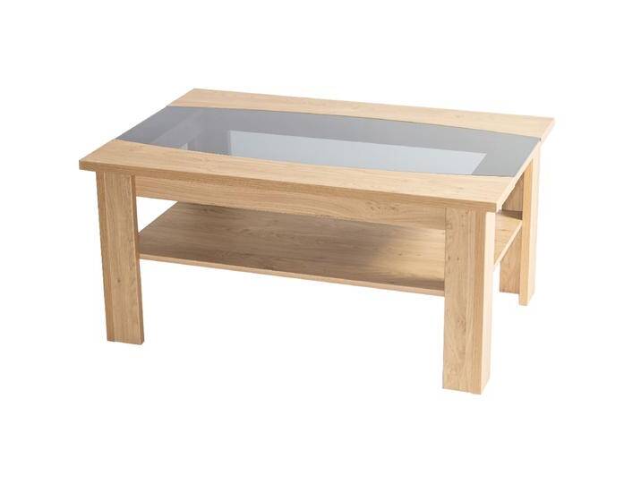 Stralsunder Couchtisch rechteckig mit Ablageboden und ovalem grau getöntem Glaseinsatz in der Tischplatte Dekorausführung und Tischhöhe wählbar von Stralsunder-Möbelwerke