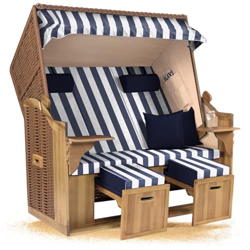 Strandkorb Hanse Ostsee XXL 2,5 Sitzer Volllieger Natur Beige 150cm breit, ideal für Garten, Terrasse und Balkon (Blau Weiß Blockstreifen, Zerlegt) von Strandkorb Hanse