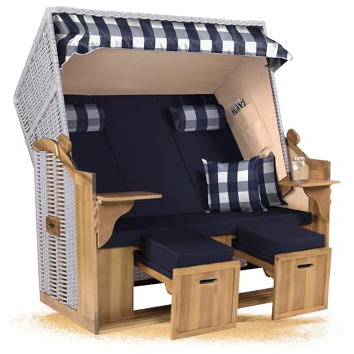 Strandkorb Hanse Ostsee XXL 2,5 Sitzer Volllieger Weiß 150cm breit, ideal für Garten, Terrasse und Balkon (Blau Weiß Kariert Uni, Zerlegt) von Strandkorb Hanse