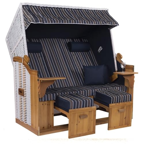 Strandkorb Hanse Strandkorb Ostsee ROYAL XXL Volllieger - 2,5 Sitzer 150cm extra breit - ideal für Garten, Terrasse oder Balkon (Blau Braun Weiß Gestreift, Montiert) von Strandkorb Hanse