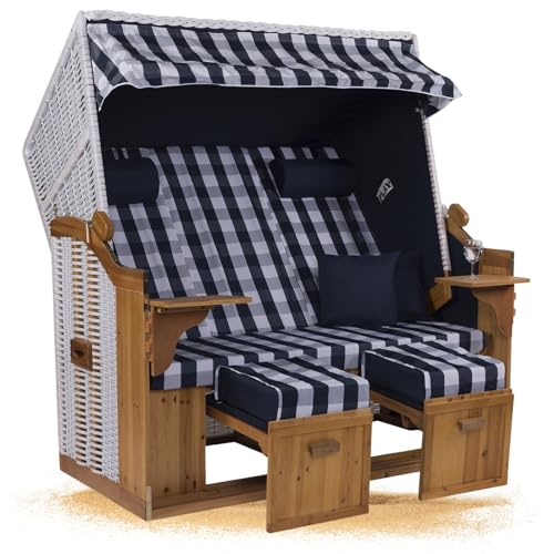 Strandkorb Hanse Strandkorb Ostsee ROYAL XXL Volllieger - 2,5 Sitzer 150cm extra breit - ideal für Garten, Terrasse oder Balkon (Blau Weiß Kariert, Montiert) von Strandkorb Hanse