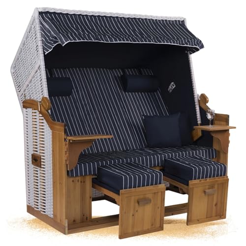 Strandkorb Hanse Strandkorb Ostsee ROYAL XXL Volllieger - 2,5 Sitzer 150cm extra breit - ideal für Garten, Terrasse oder Balkon (Blau Weiß Nadelstreifen, Zerlegt) von Strandkorb Hanse